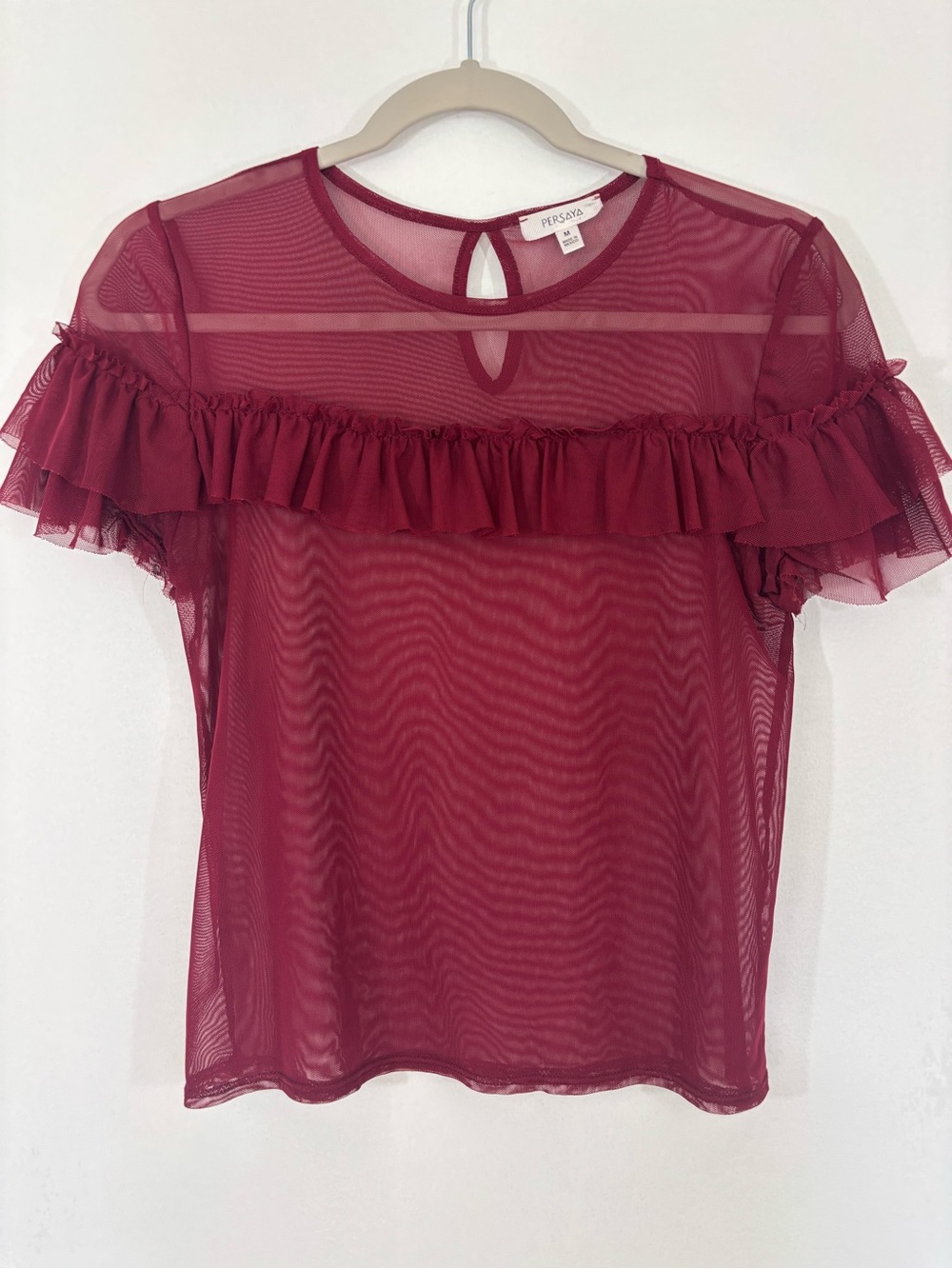 Persaya Sheer Burgundy Lace Sheer Mesh Top Sz Medium